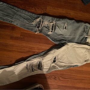 Distressed Two-Tone Ripped Jeans - Light Blue/Off-White